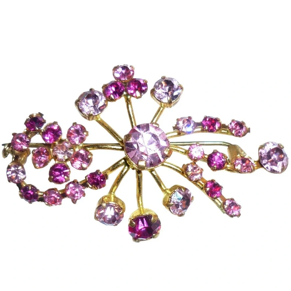 Vtg Made Austria Pink Fuchsia Rhinestone Spray‎ Brooch Pin MCM Austrian Crystal